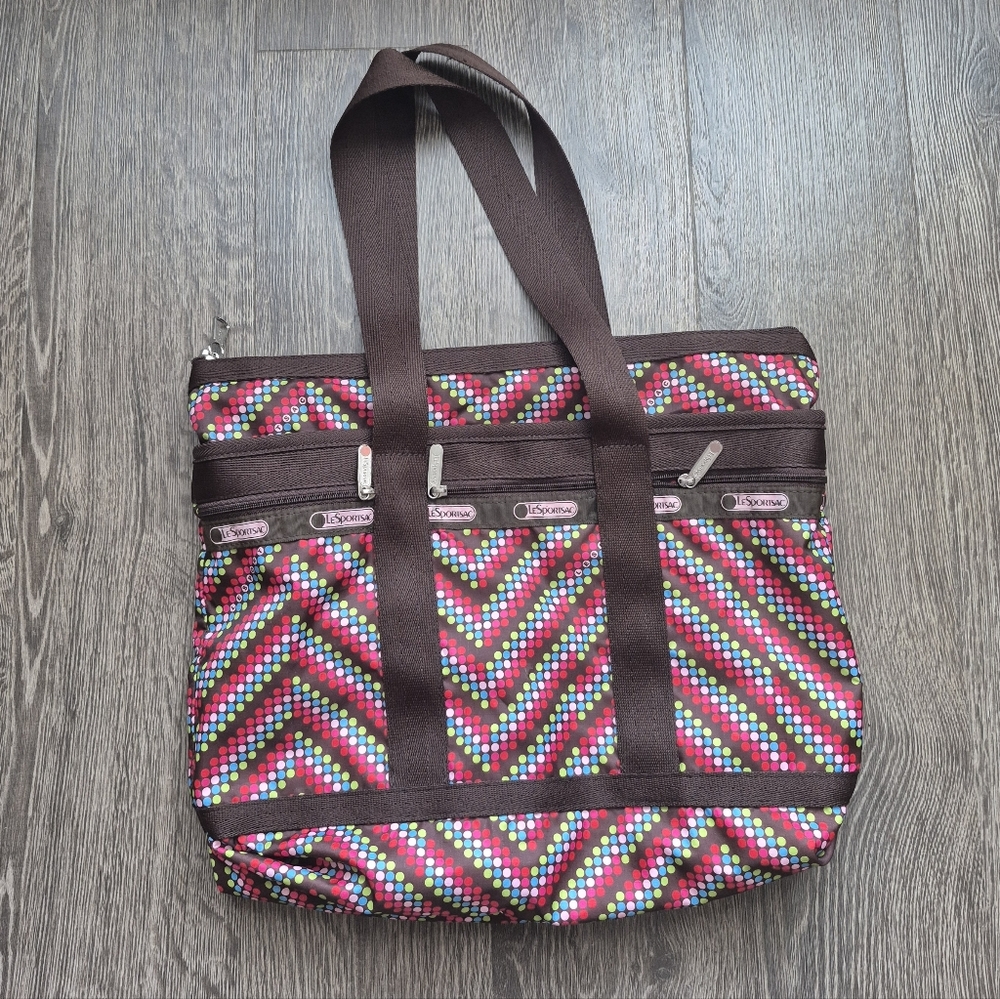 Lesportsac Multicolor Chevron Multicolor Tote With Brown Straps + Trim